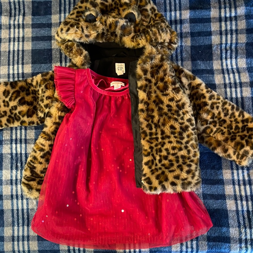 Baby Gap faux fur coat and Cat & Jack sequined dress. Both size 2. Like new.